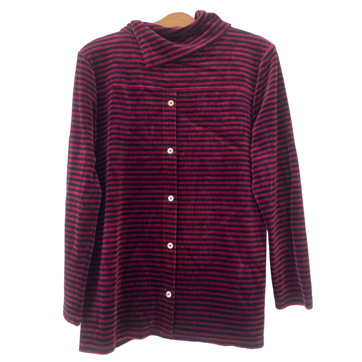 Talbots Luxe Velour Stripe Button Back Top Womens L Petite Long Sleeve Red Black