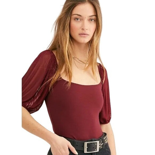 Free People Intimately Mesh Puff Sleeve Cami Top Womens XS Red Rayon Blend