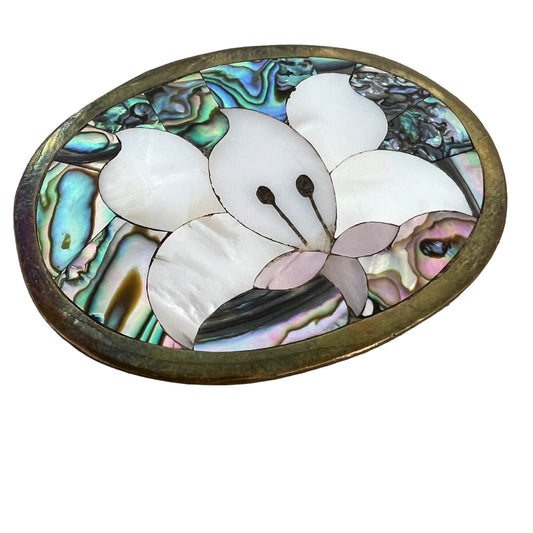 Vintage Abalone Bright Polished Sea Shell Inlay Flower Oval Belt Buckle Brass