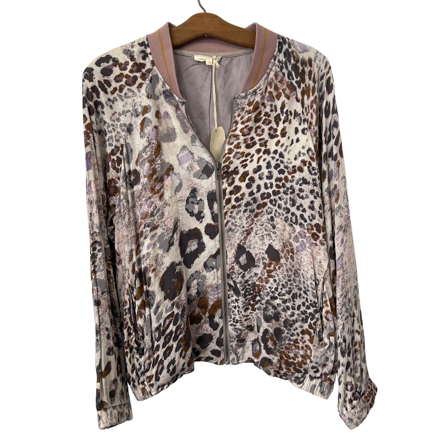 Mystree Full Zip Jacket Women L Cheetah Wild Animal Print Bomber Polyester NEW