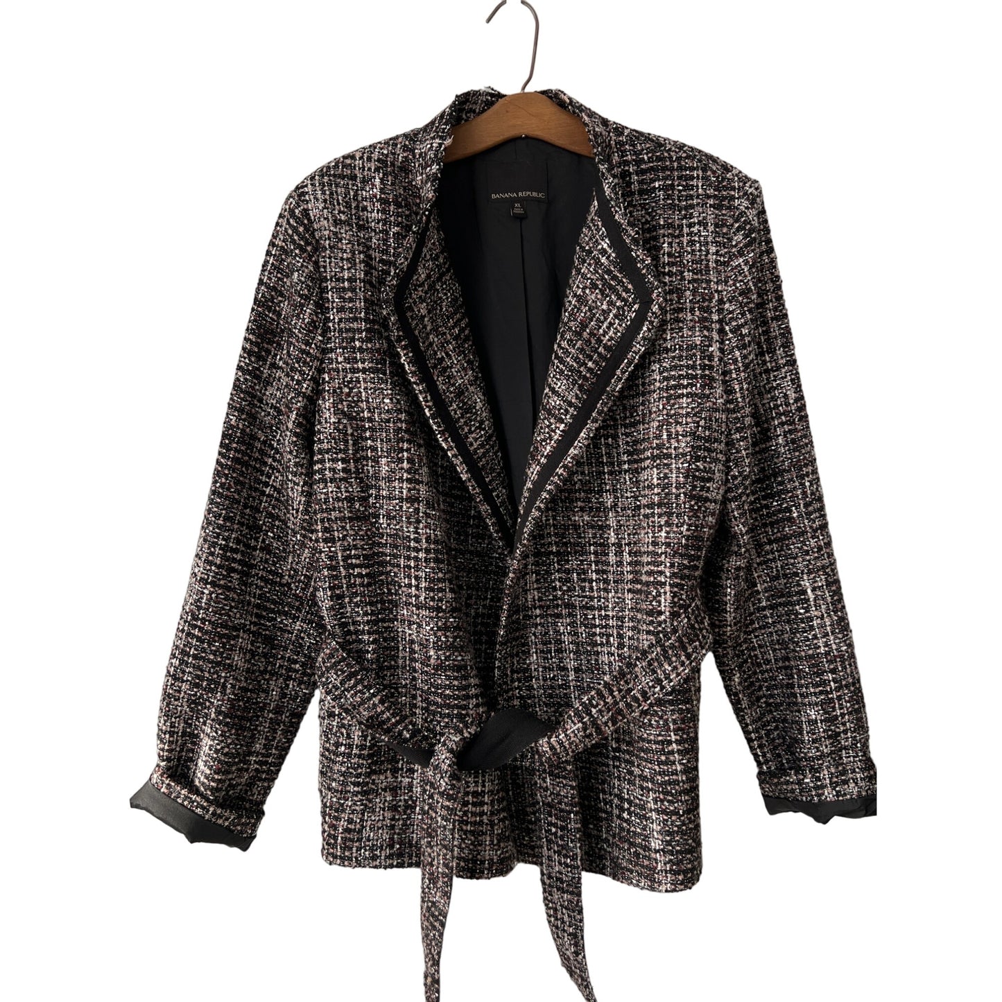 Banana Republic Tweed Blazer Jacket Women XL Black Wrap Career Academia Preppy