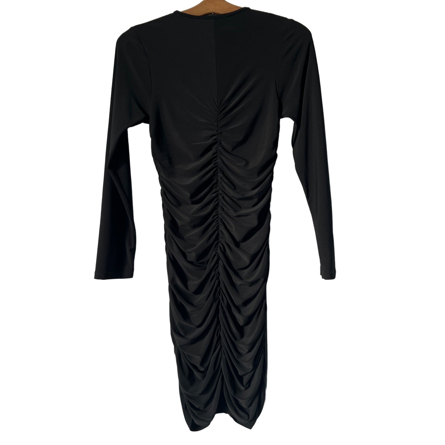 She Can Love Long Sleeve Ruched Bodycon Dress Womens XS  Mini Cocktail Black NEW