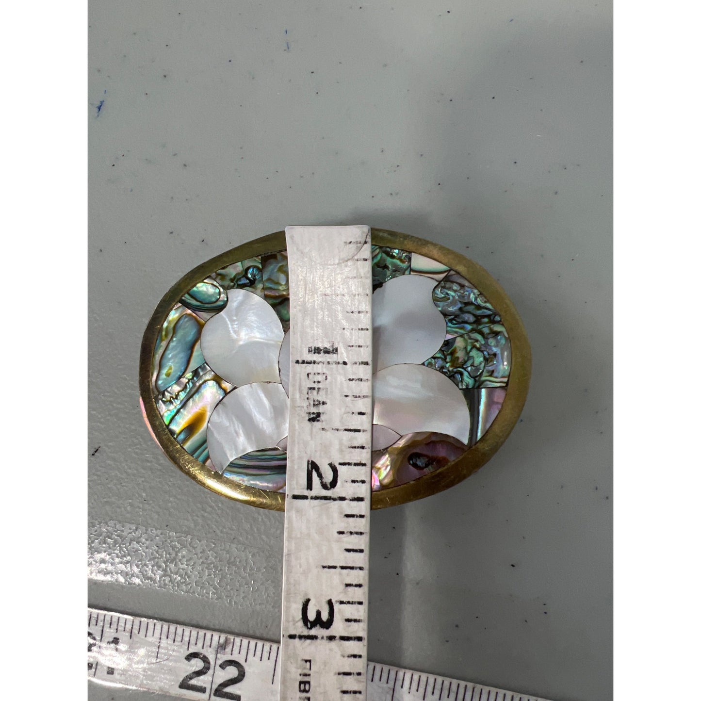 Vintage Abalone Bright Polished Sea Shell Inlay Flower Oval Belt Buckle Brass