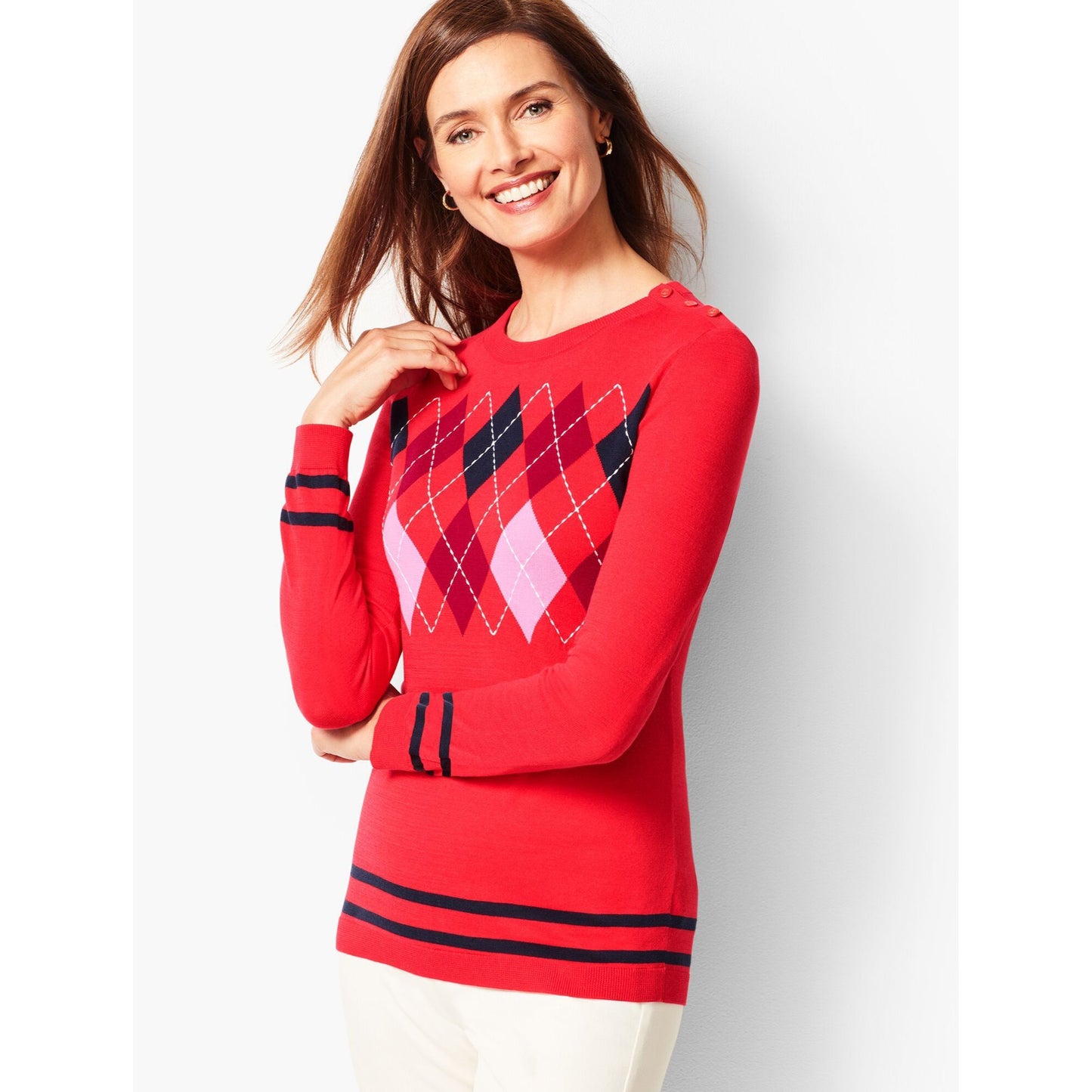 Talbots Argyle Crewneck Pullover Sweater Womens XS Long Sleeve Red Cotton