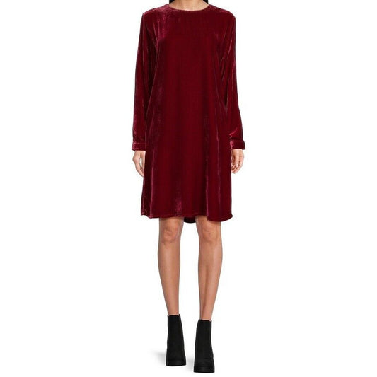 RUNS BIG Eileen Fisher Velvet Dress Knee Length Silk Deep Claret Red Womens M