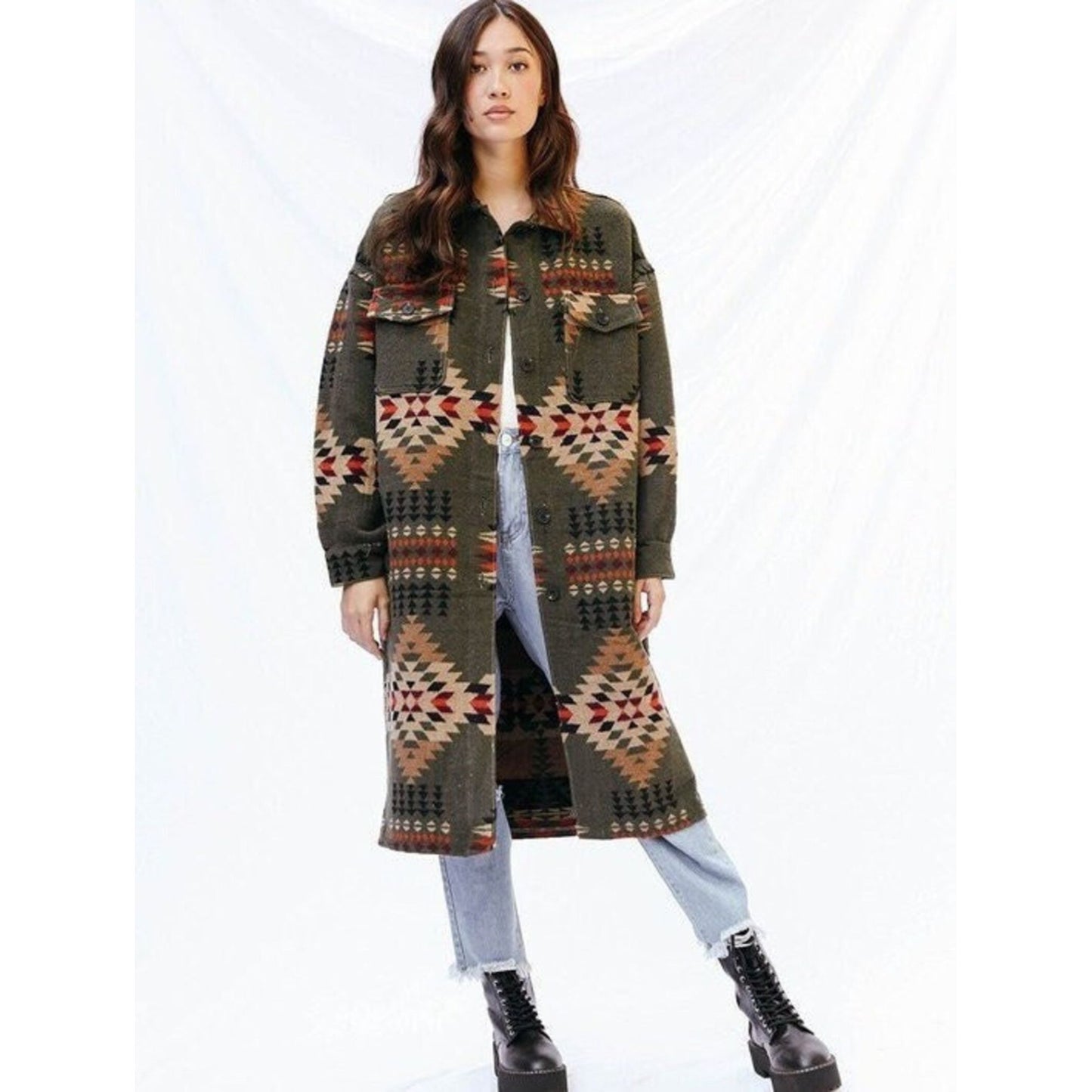 Miss Sparkling Aztec Western Overcoat Long Shacket Womens L Olive Green NEW