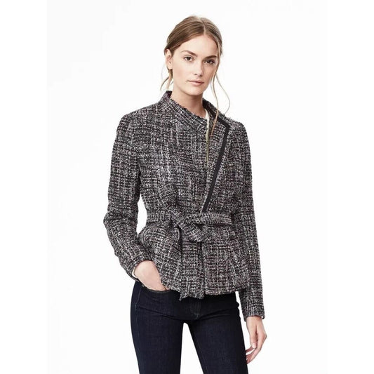 Banana Republic Tweed Blazer Jacket Women XL Black Wrap Career Academia Preppy