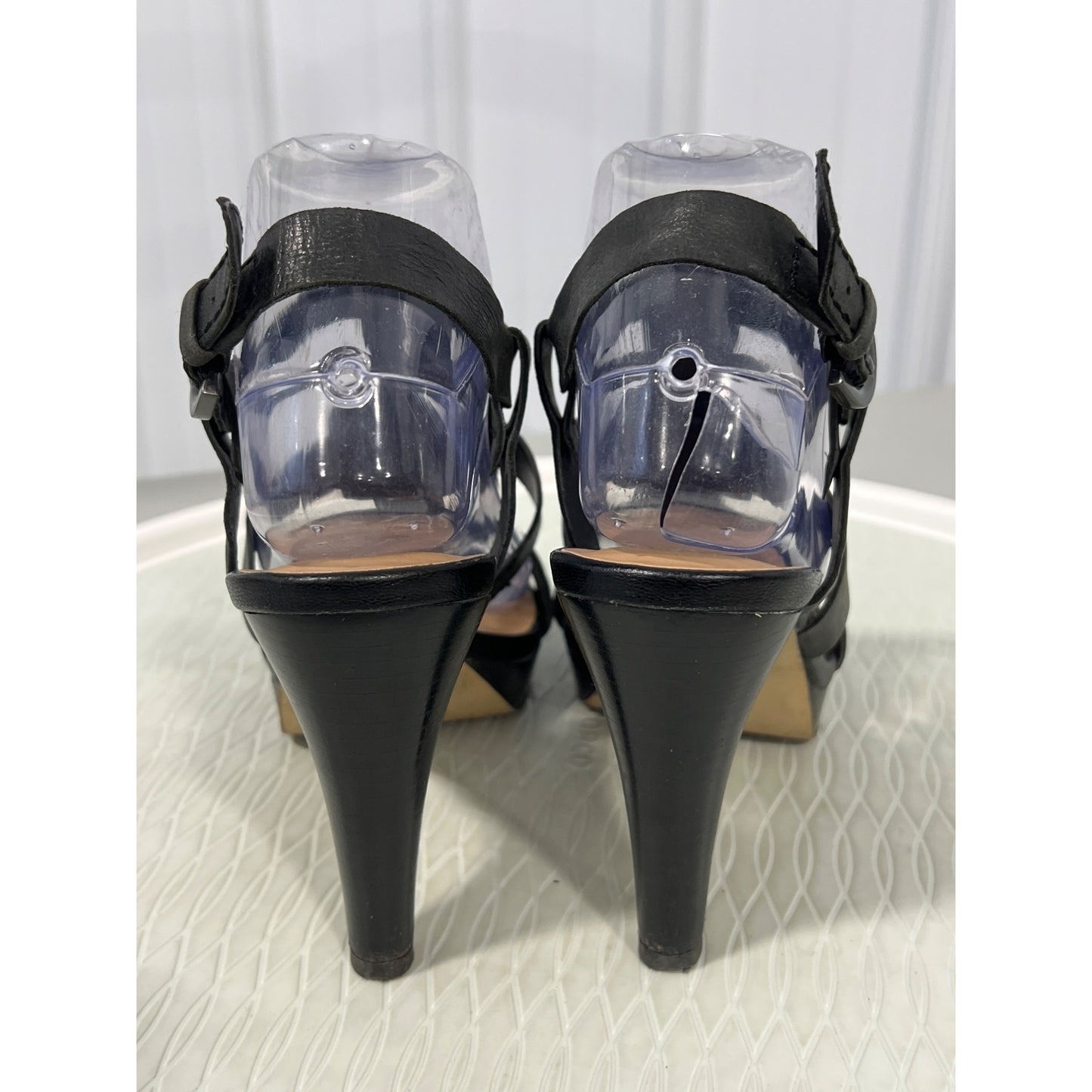 Franco Sarto Moped High Heel Sandal Womens 8 Open Toe Black Leather Cocktail