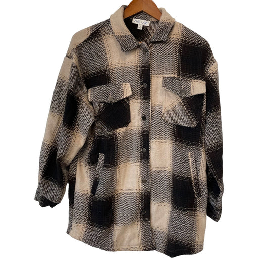 She Sky Herringbone Plaid Button Shacket Womens S Tan Black Polyester Work Ranch