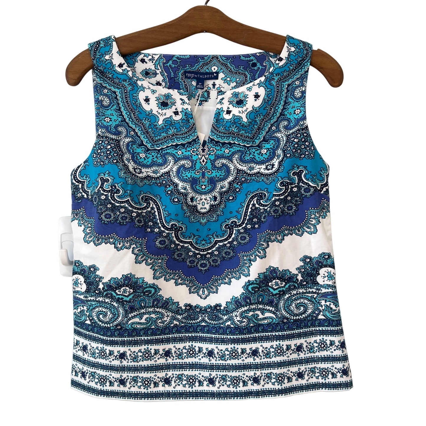 RSVP by Talbots Paisley Shell Top Blouse Womens 2 Petite Blue Boho Hippie NEW