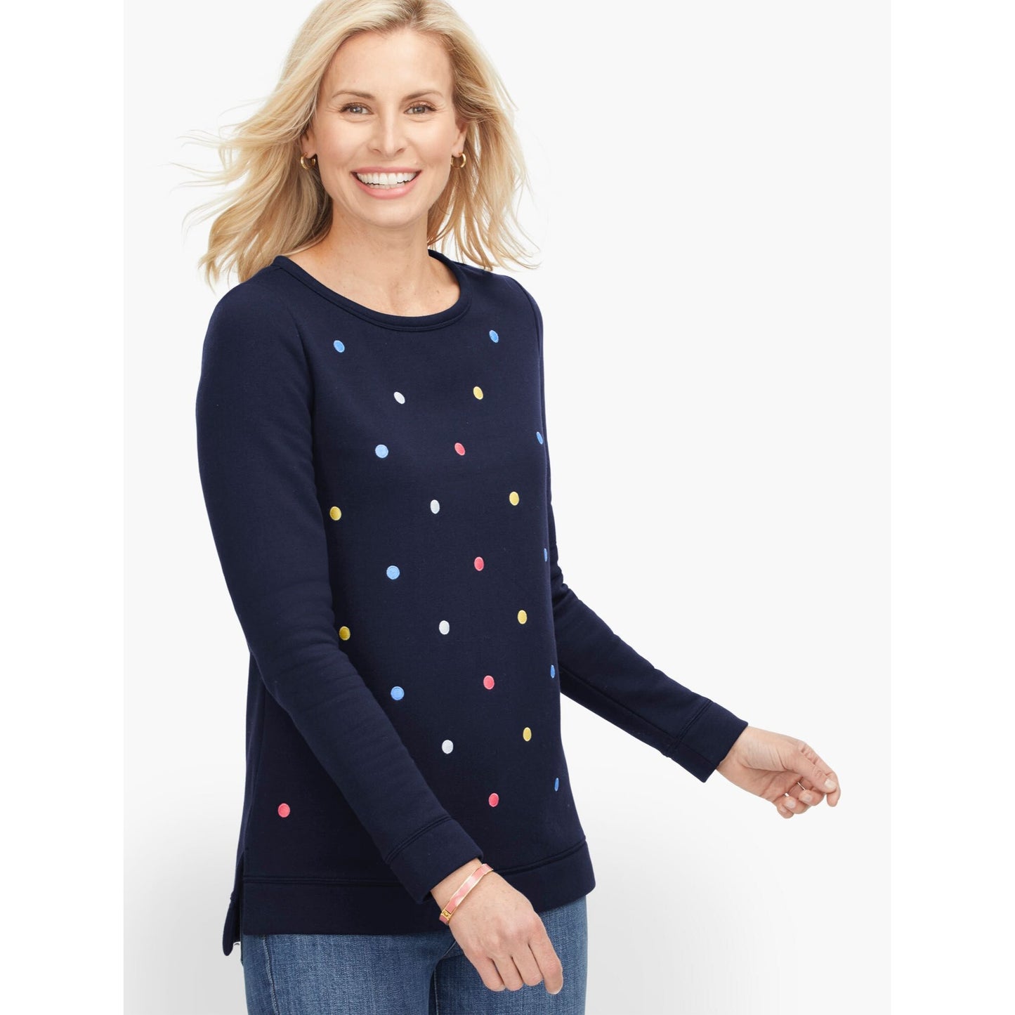 Talbots Embroidered Dots Pullover Sweatshirt Womens S Petite Blue Cotton Blend