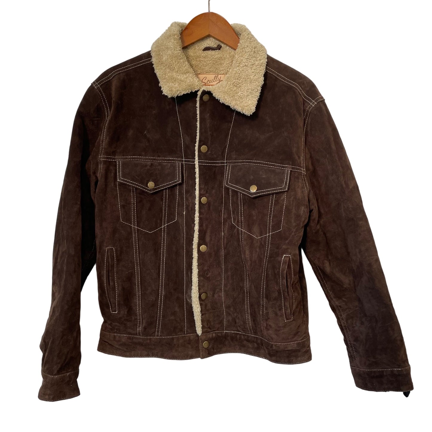 Scully Boar Suede Snap Front Jean Jacket Mens S Faux Shearling Collar Brown