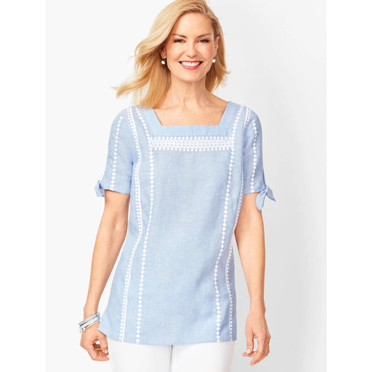 Talbots Square neck Embroidered Linen Top Womens S Blue Cross Dyed Relaxed