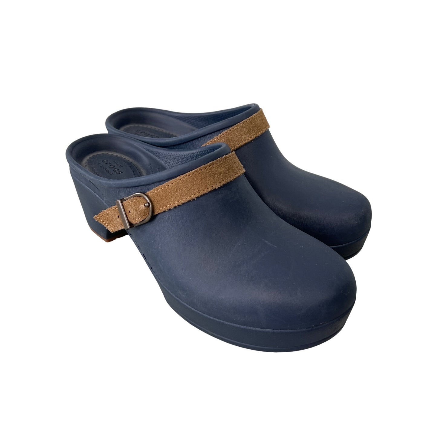 Crocs Sarah Mule Clogs Womens 8 Round Toe Suede Buckle Strap Navy Croslite