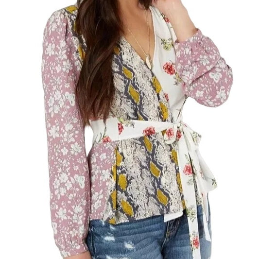 Gimmicks by BKE Floral Snakeskin Mixed Print Blouse Womens L Boho Hippie