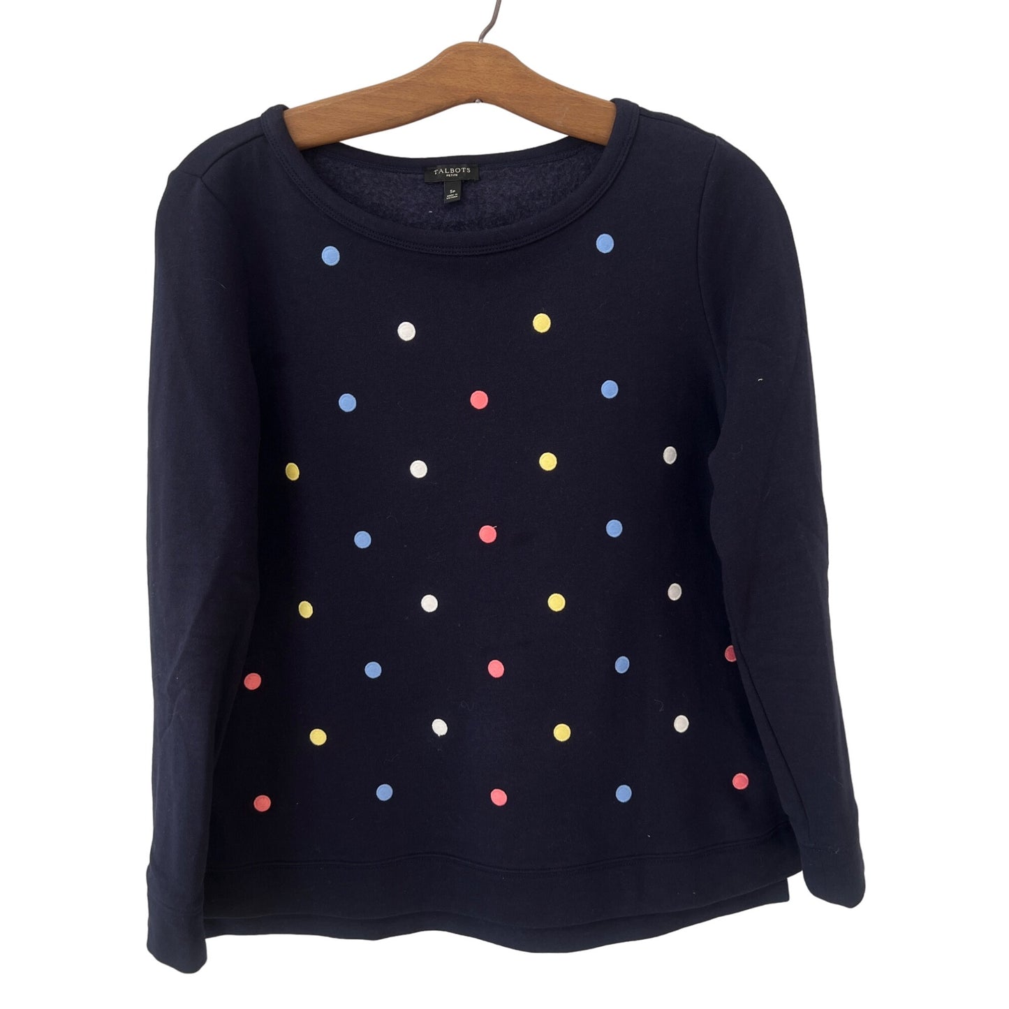 Talbots Embroidered Dots Pullover Sweatshirt Womens S Petite Blue Cotton Blend