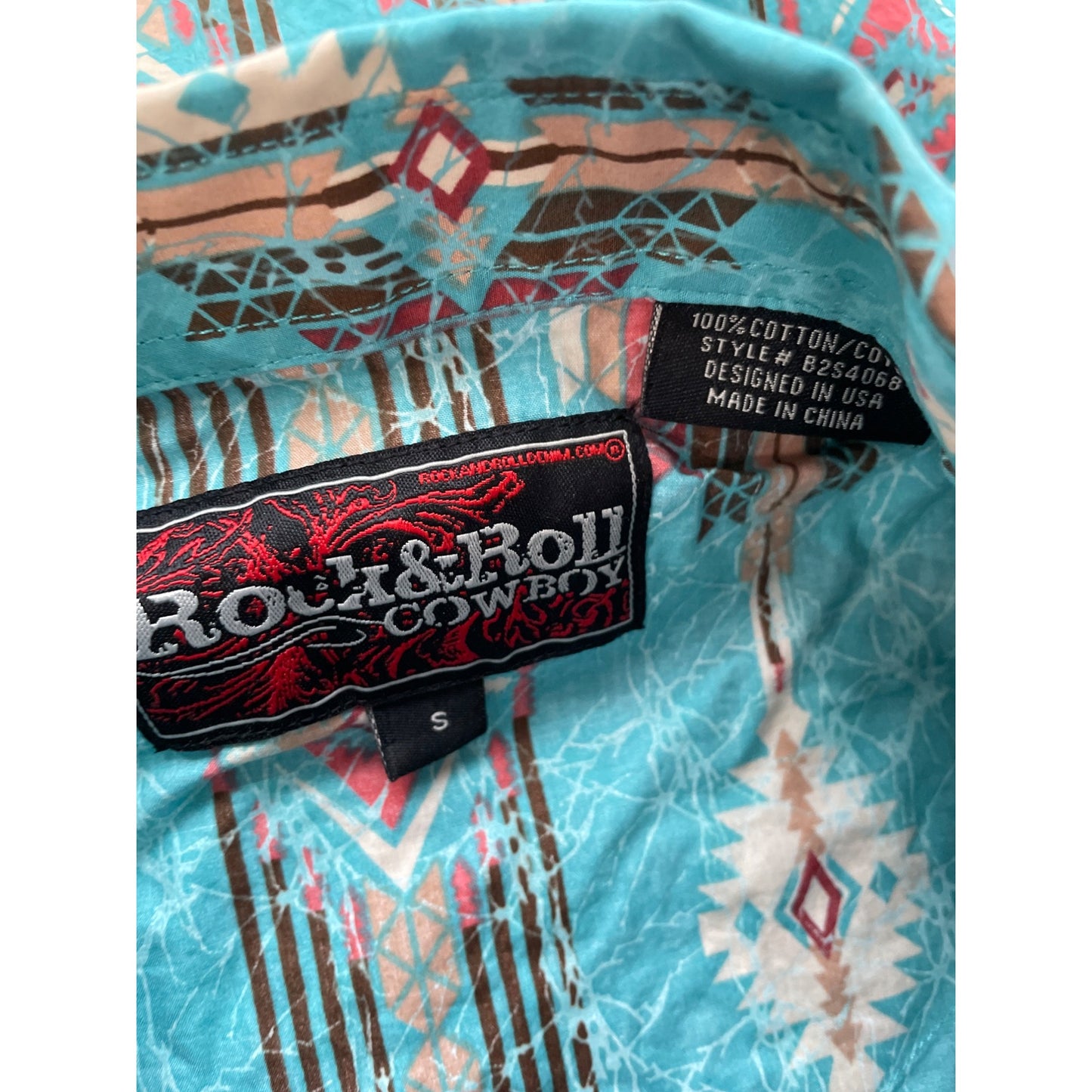 Rock & Roll Cowboy Aztec Pearl Snap Western Shirt Men's S Blue Cotton Farmhouse