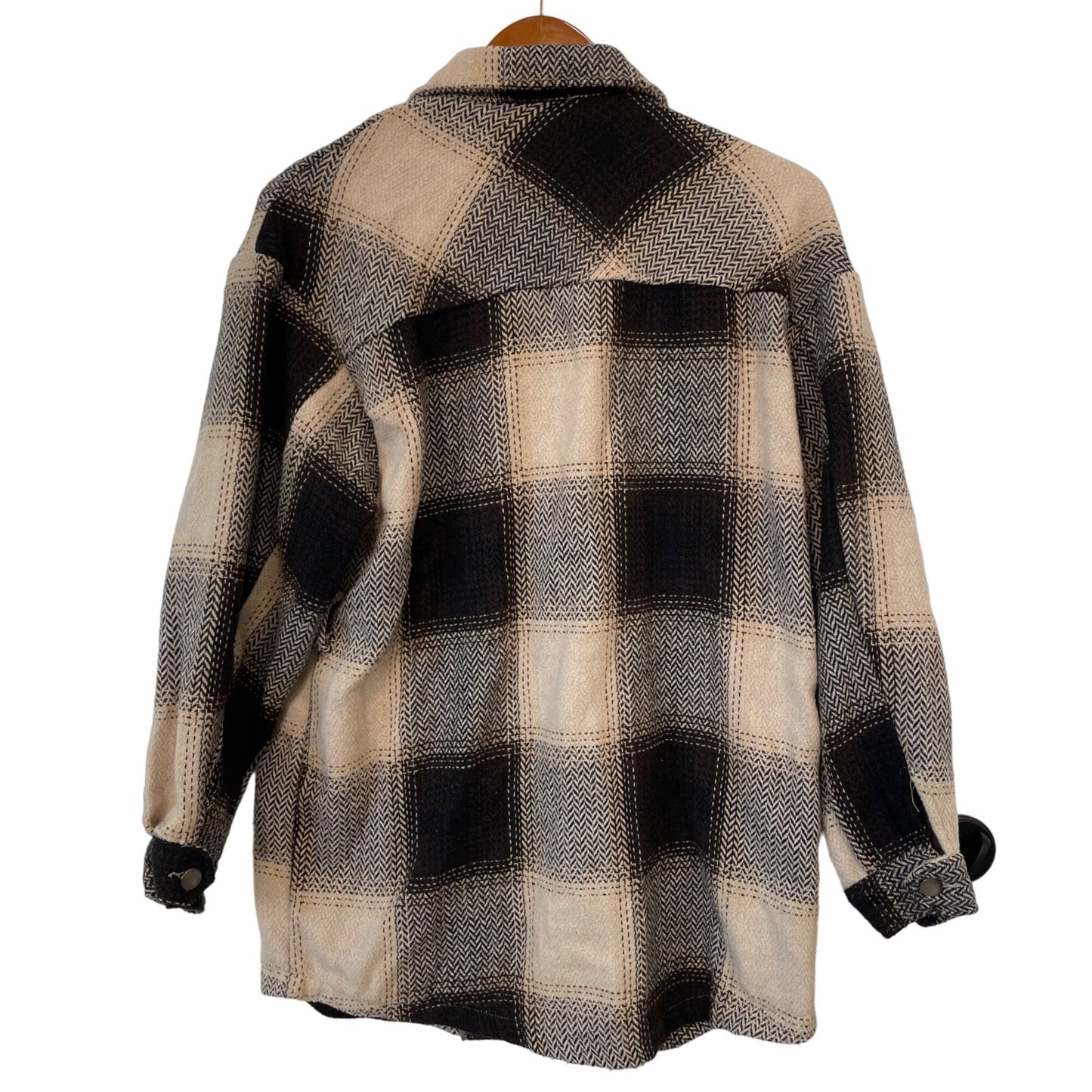 She Sky Herringbone Plaid Button Shacket Womens S Tan Black Polyester Work Ranch