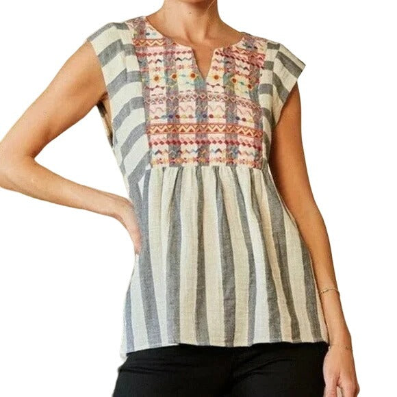 Savanna Jane Embroidered Tank Top Womens M Stripe Peplum Boho Hippie Summer NEW