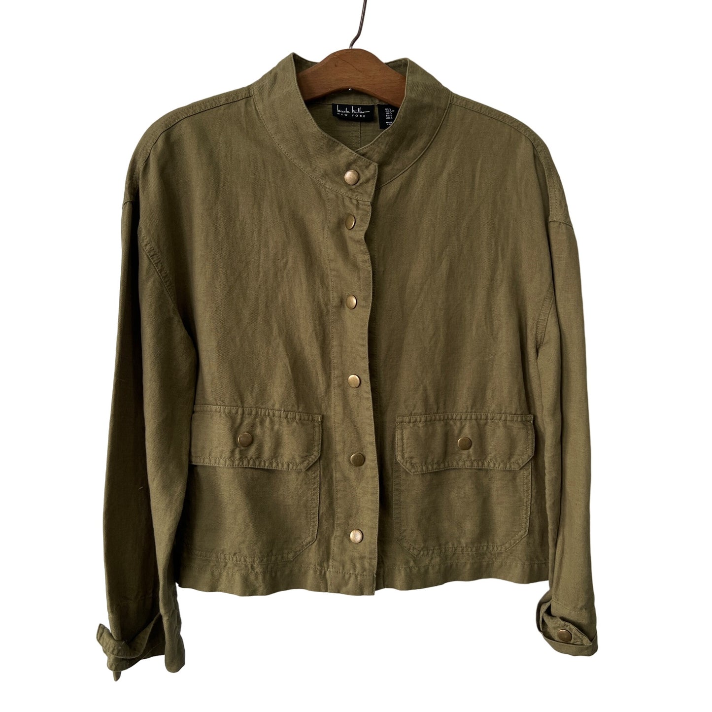 Nicole Miller Jacket Womens S Linen Snap Cropped Relaxed Military Army Utility