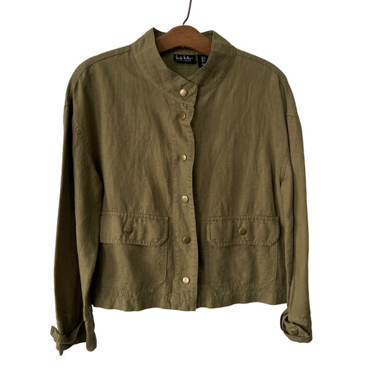 Nicole Miller Jacket Womens S Linen Snap Cropped Relaxed Military Army Utility