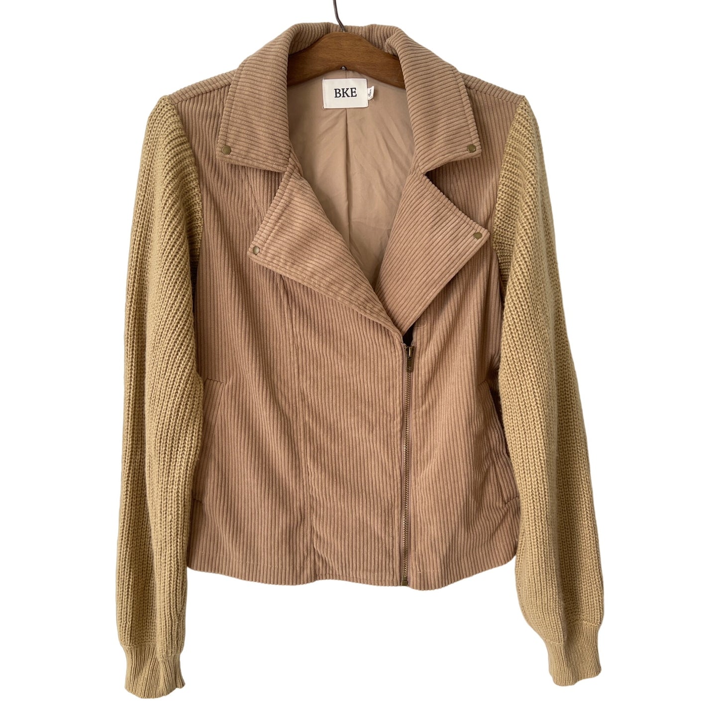 BKE Moto Jacket Women S Tan Zip Knit Outdoor Biker Streetwear Neutral Minimalist