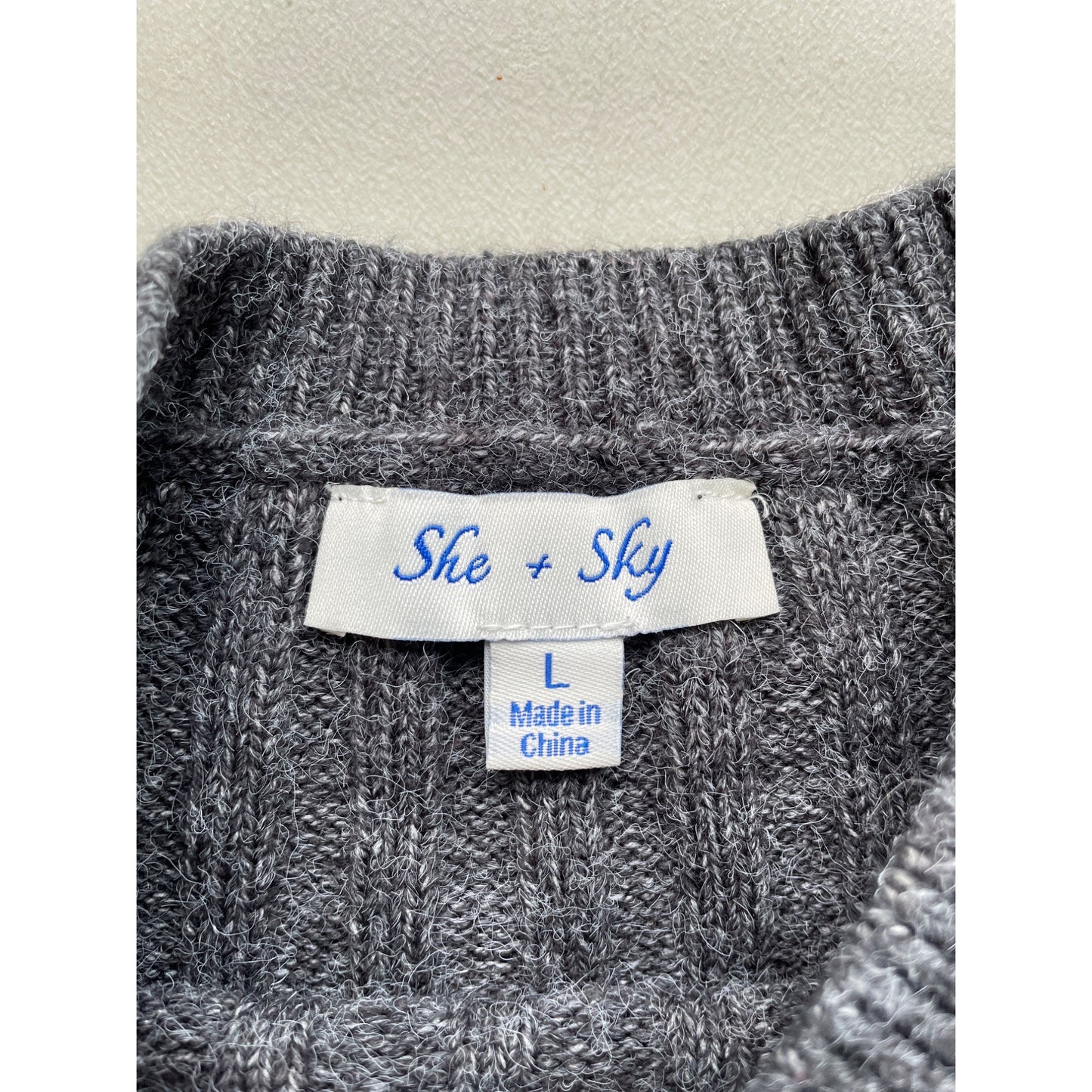 She Sky Ribbed Crop Pullover Sweater Womens L Crewneck Long Sleeve Gray Cozy