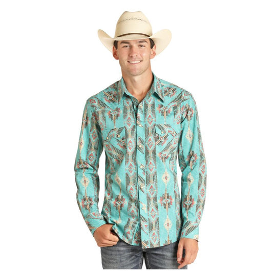 Rock & Roll Cowboy Aztec Pearl Snap Western Shirt Men's S Blue Cotton Farmhouse