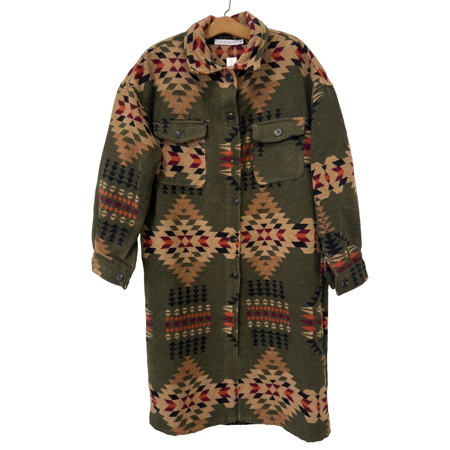 Miss Sparkling Aztec Western Overcoat Long Shacket Womens L Olive Green NEW