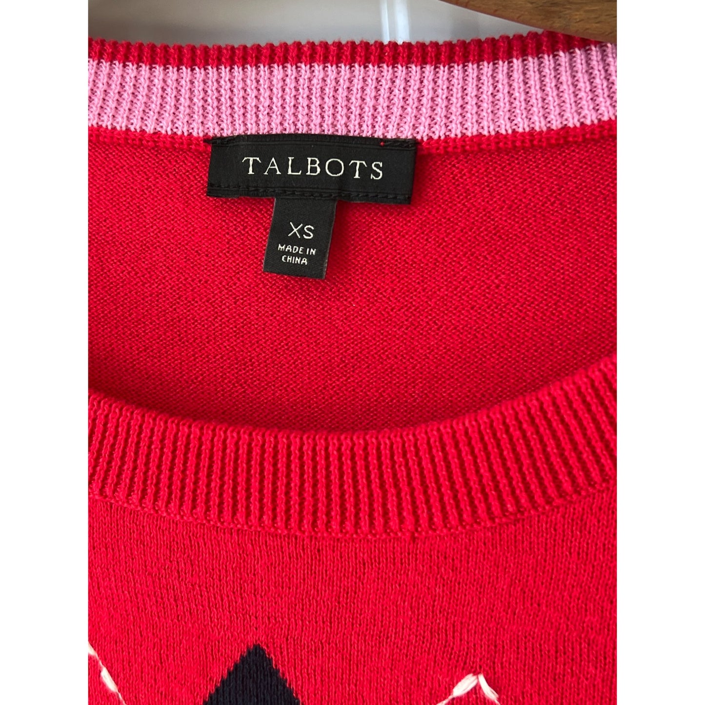 Talbots Argyle Crewneck Pullover Sweater Womens XS Long Sleeve Red Cotton