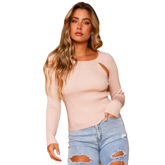 Peach Love California Samuel Cutout Ribbed Pullover Sweater Womens M Cozy Pink