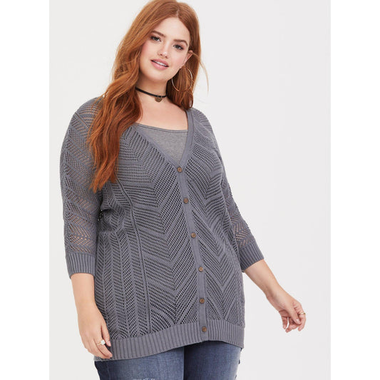 Torrid Pointelle Boyfriend Cardigan Sweater Womens 1X V-Neck Button Front Gray