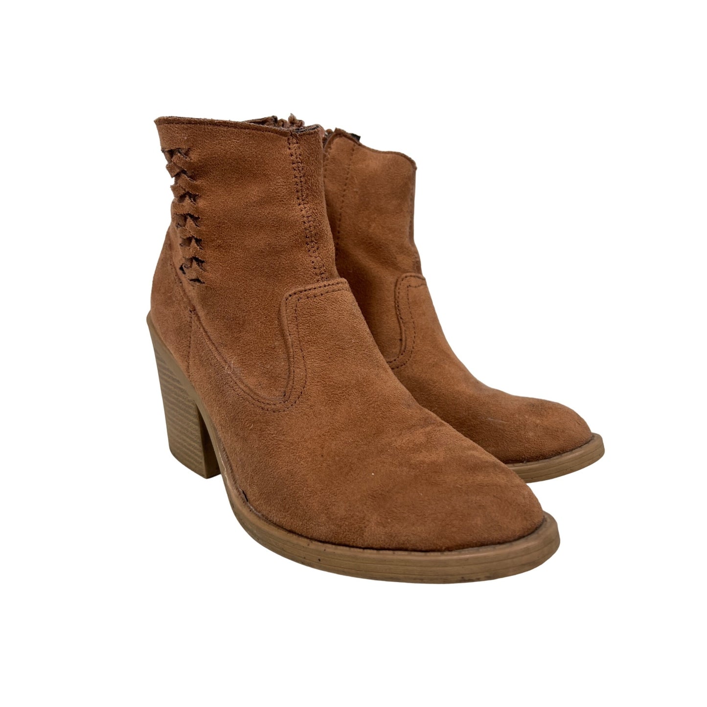 Qupid Suede Heeled Ankle Bootie Womens Almond Toe Stacked Heel Brown Boho