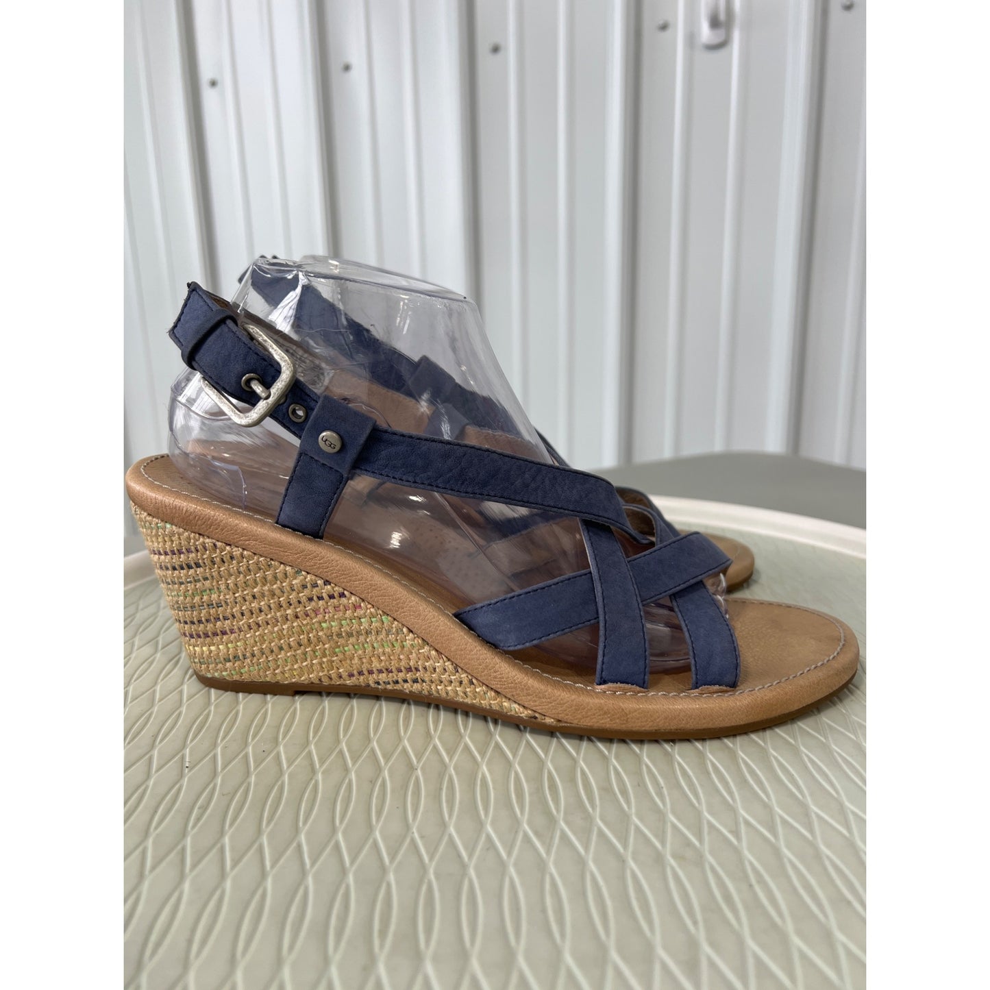 UGG Gaiana Wedge Sandals Womens 11 Open Toe Strappy Slingback Navy Leather