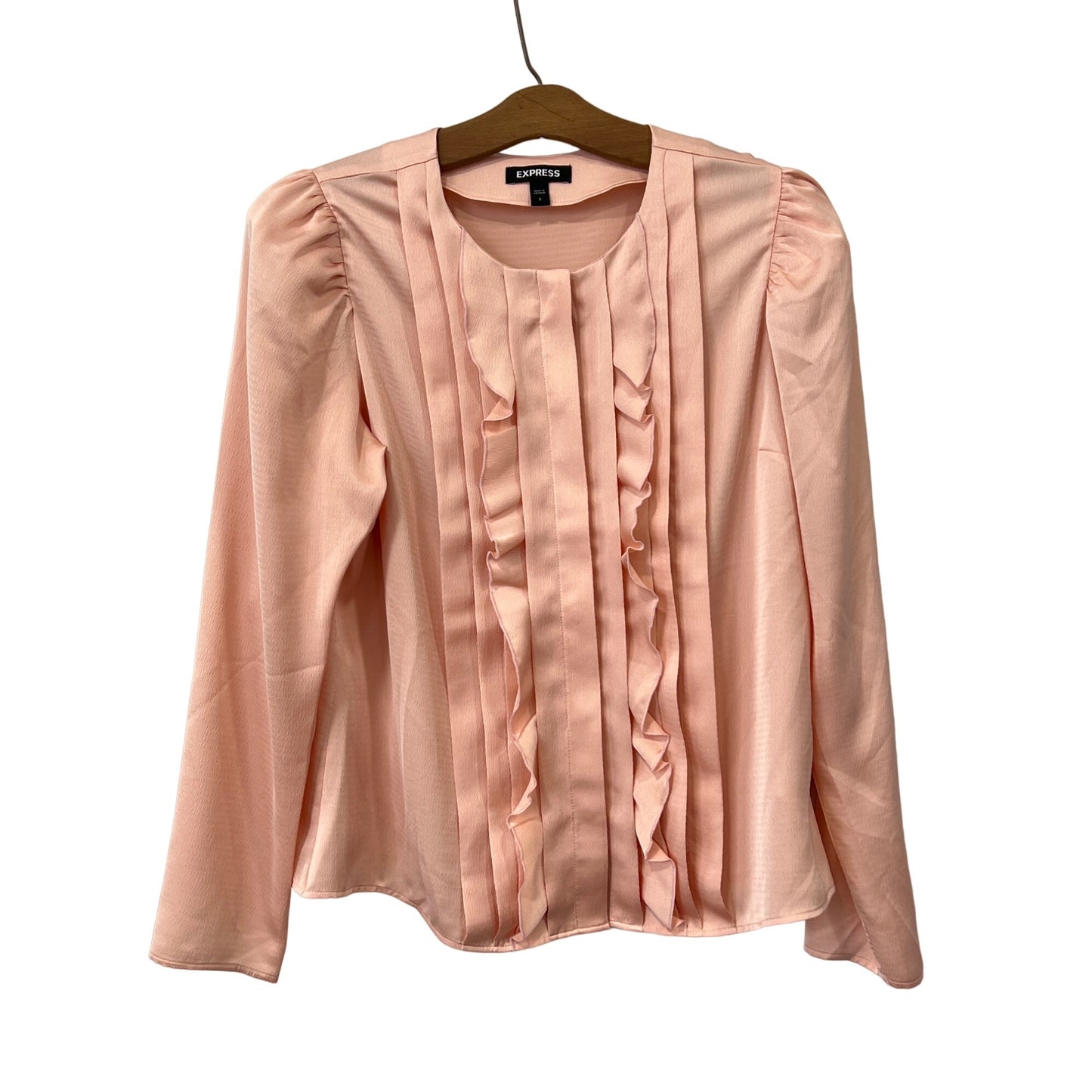 Express Pintuck Ruffle Long Sleeve Blouse Womens S Button Front Peach Polyester