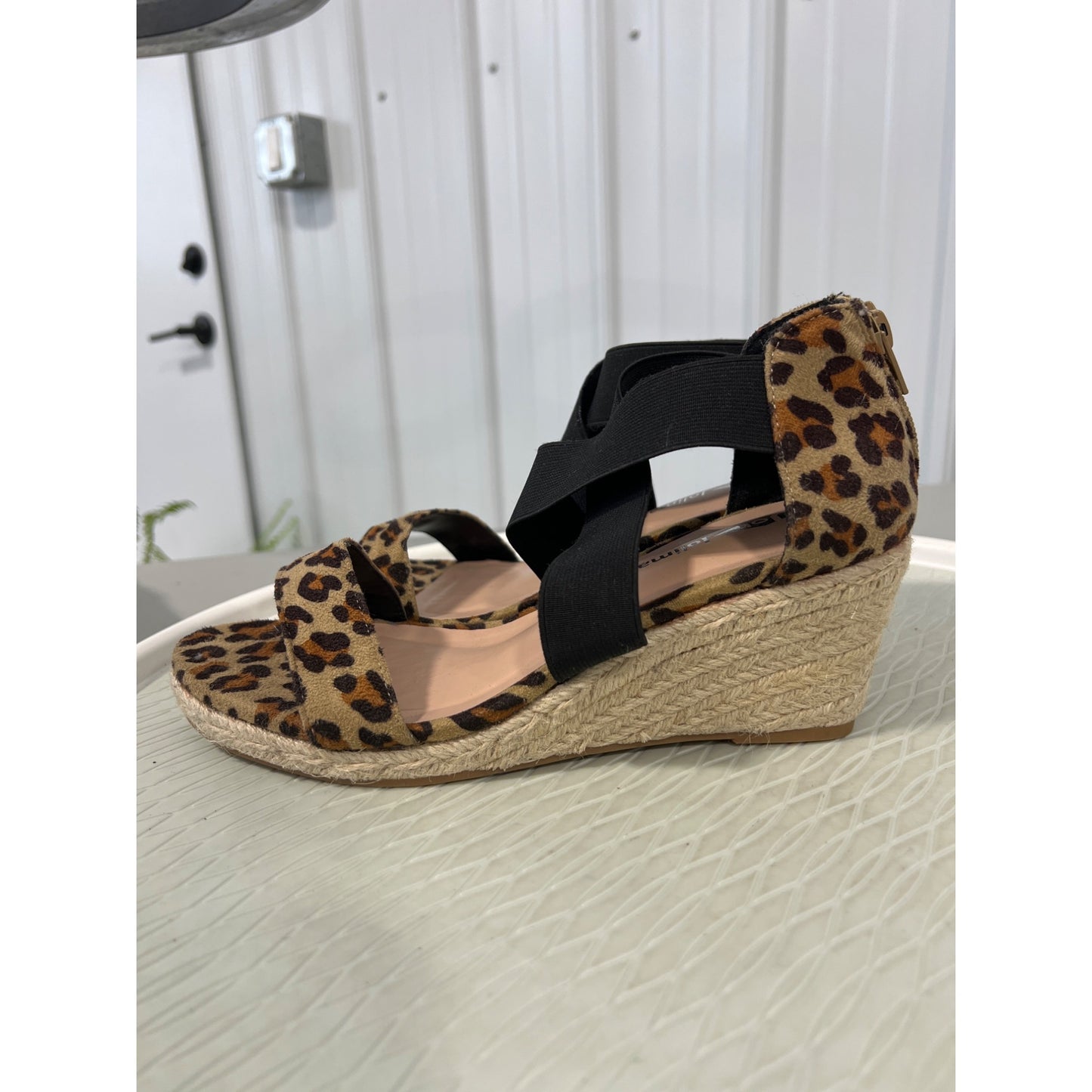 Jolimall Leopard Espadrille Wedge Sandal Womens 8 Open Toe Faux Suede Tan Black