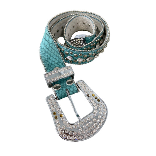 Western Cowgirl Alligator Embossed Rhinestone Studded Leather Belt Womens S Aqua