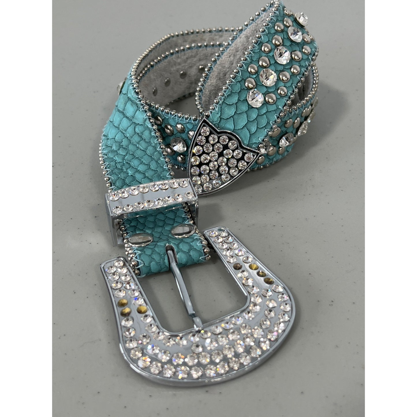 Western Cowgirl Alligator Embossed Rhinestone Studded Leather Belt Womens S Aqua