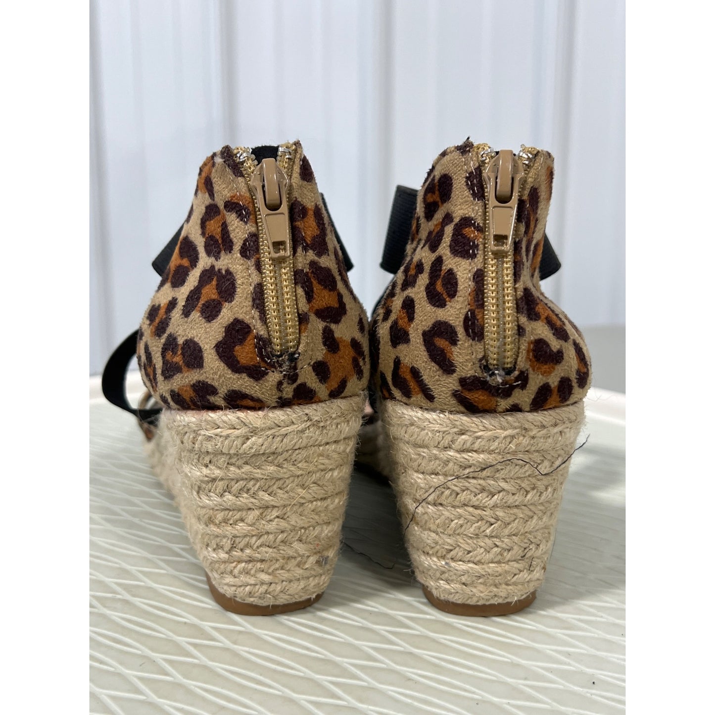 Jolimall Leopard Espadrille Wedge Sandal Womens 8 Open Toe Faux Suede Tan Black