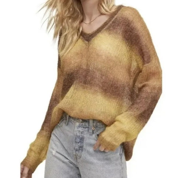 ASTR the Label Mohair V-Neck Pullover Sweater Womens M Yellow Brown Ombre NEW