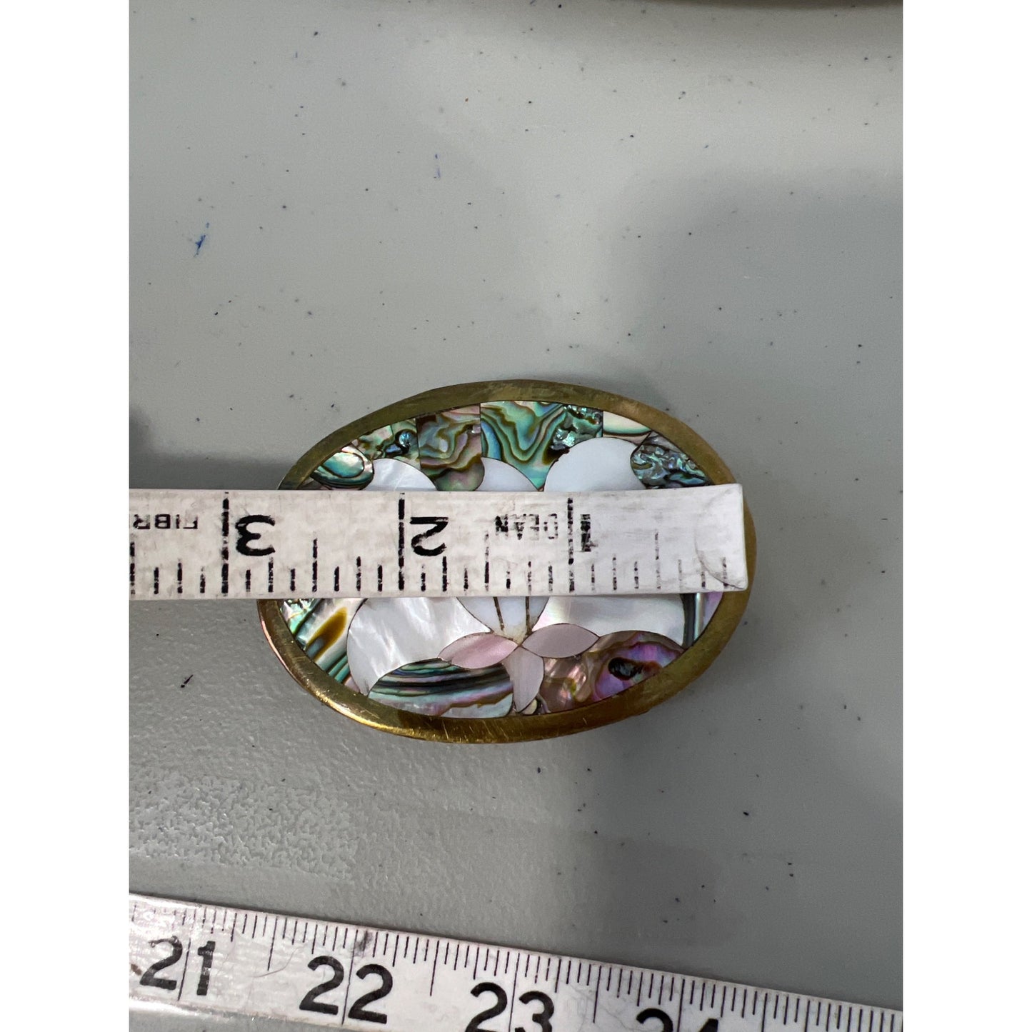 Vintage Abalone Bright Polished Sea Shell Inlay Flower Oval Belt Buckle Brass