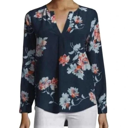 Joie Axcel Floral Long Sleeve Blouse Womens XS V-Neck Navy Silk Boho Hippie