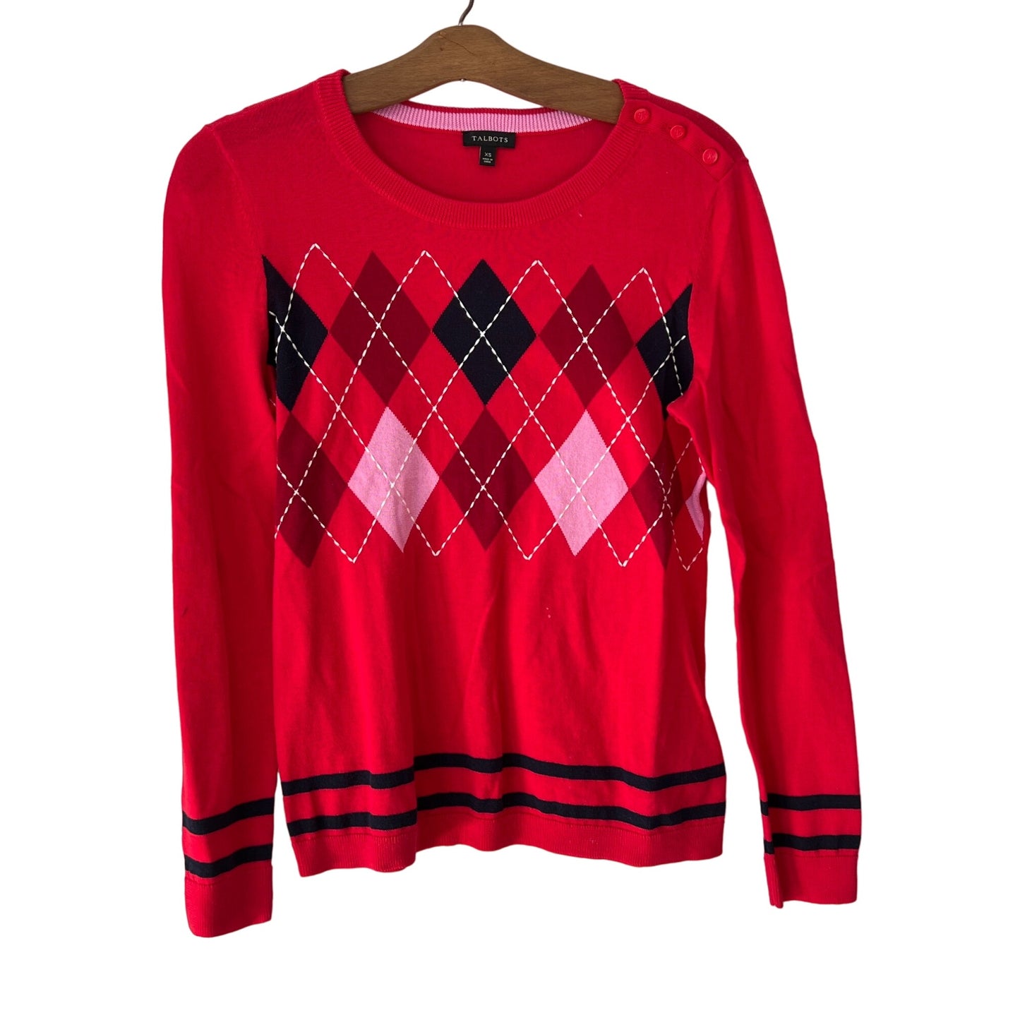 Talbots Argyle Crewneck Pullover Sweater Womens XS Long Sleeve Red Cotton