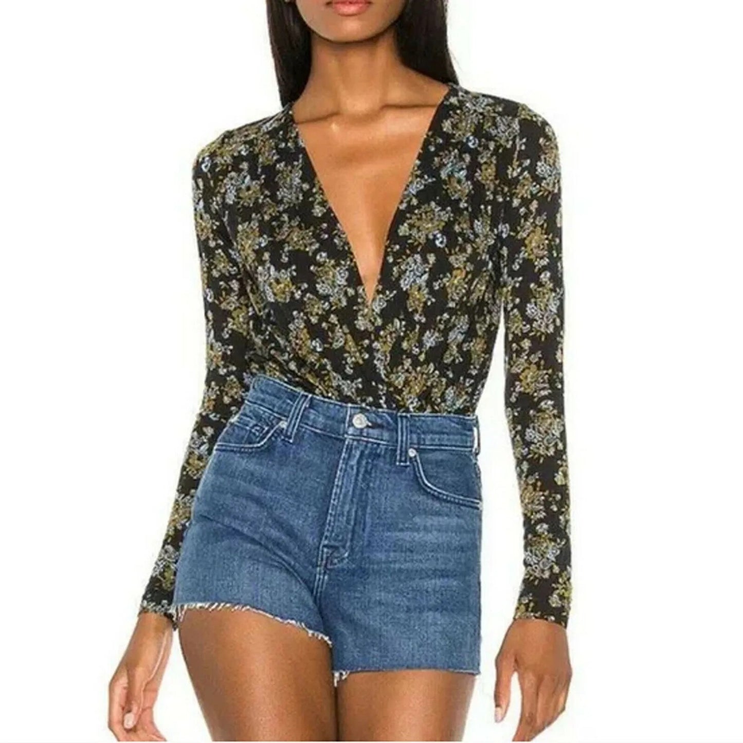 Free People Intimately Floral Faux Wrap Bodysuit Womens XS Long Sleeve Boho