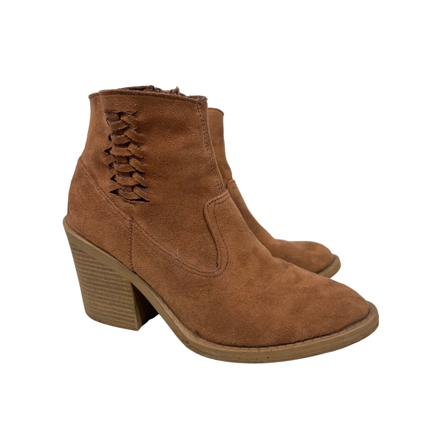 Qupid Suede Heeled Ankle Bootie Womens Almond Toe Stacked Heel Brown Boho