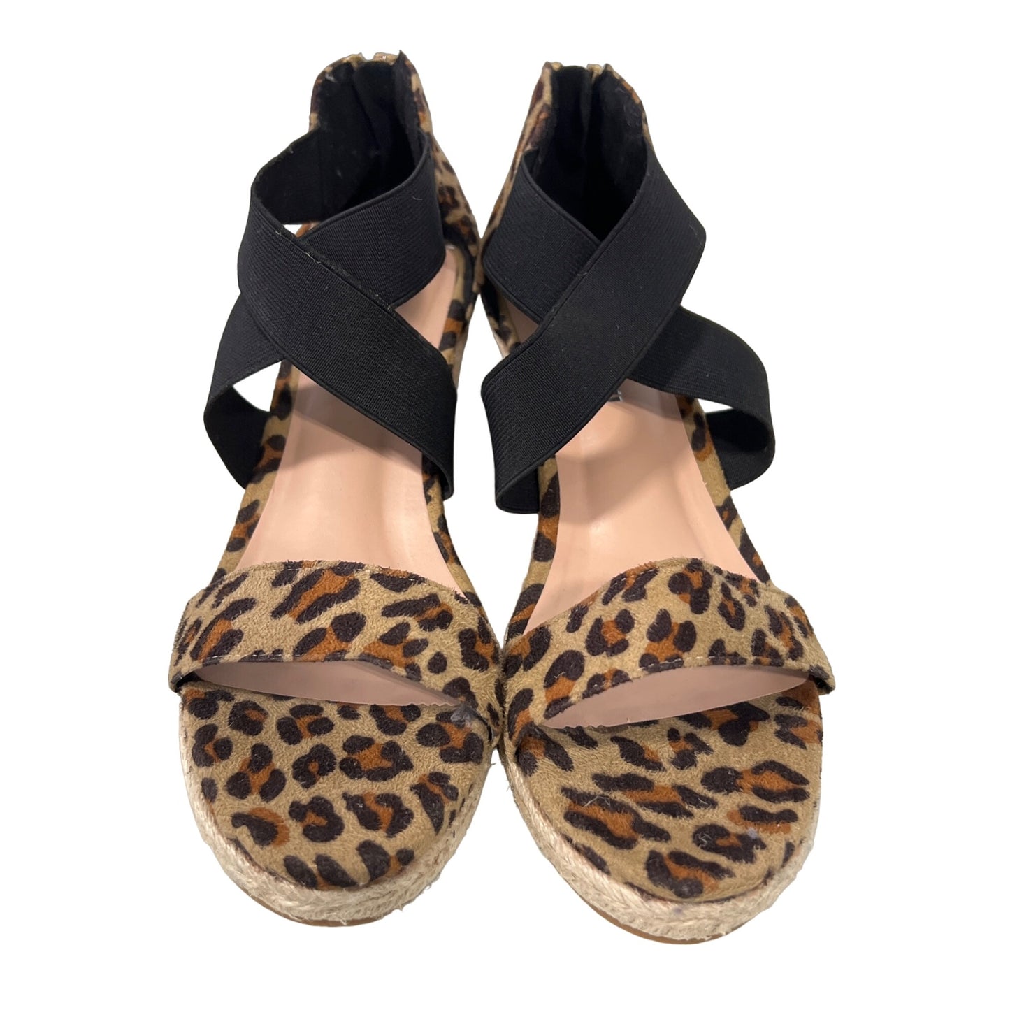 Jolimall Leopard Espadrille Wedge Sandal Womens 8 Open Toe Faux Suede Tan Black