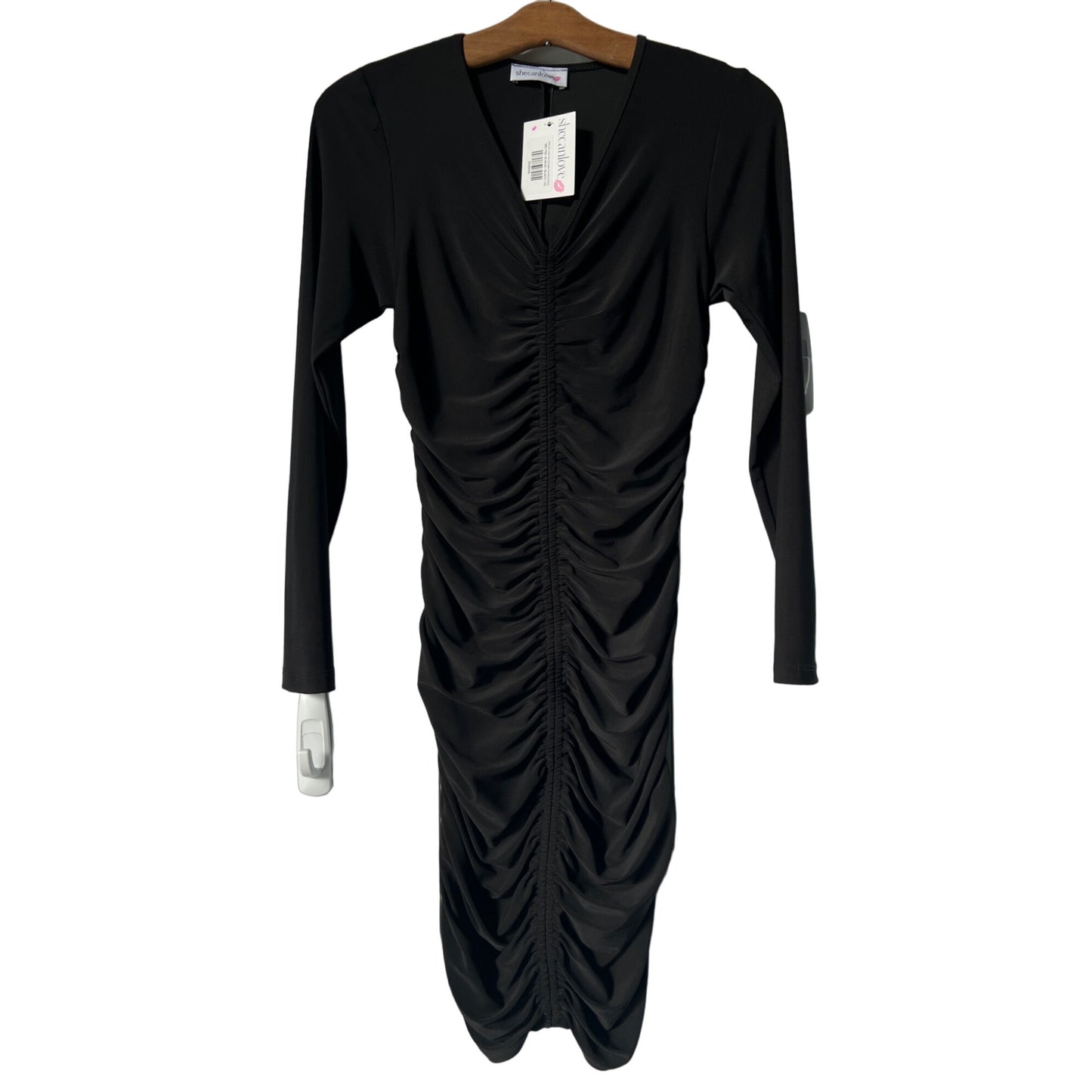 She Can Love Long Sleeve Ruched Bodycon Dress Womens XS  Mini Cocktail Black NEW