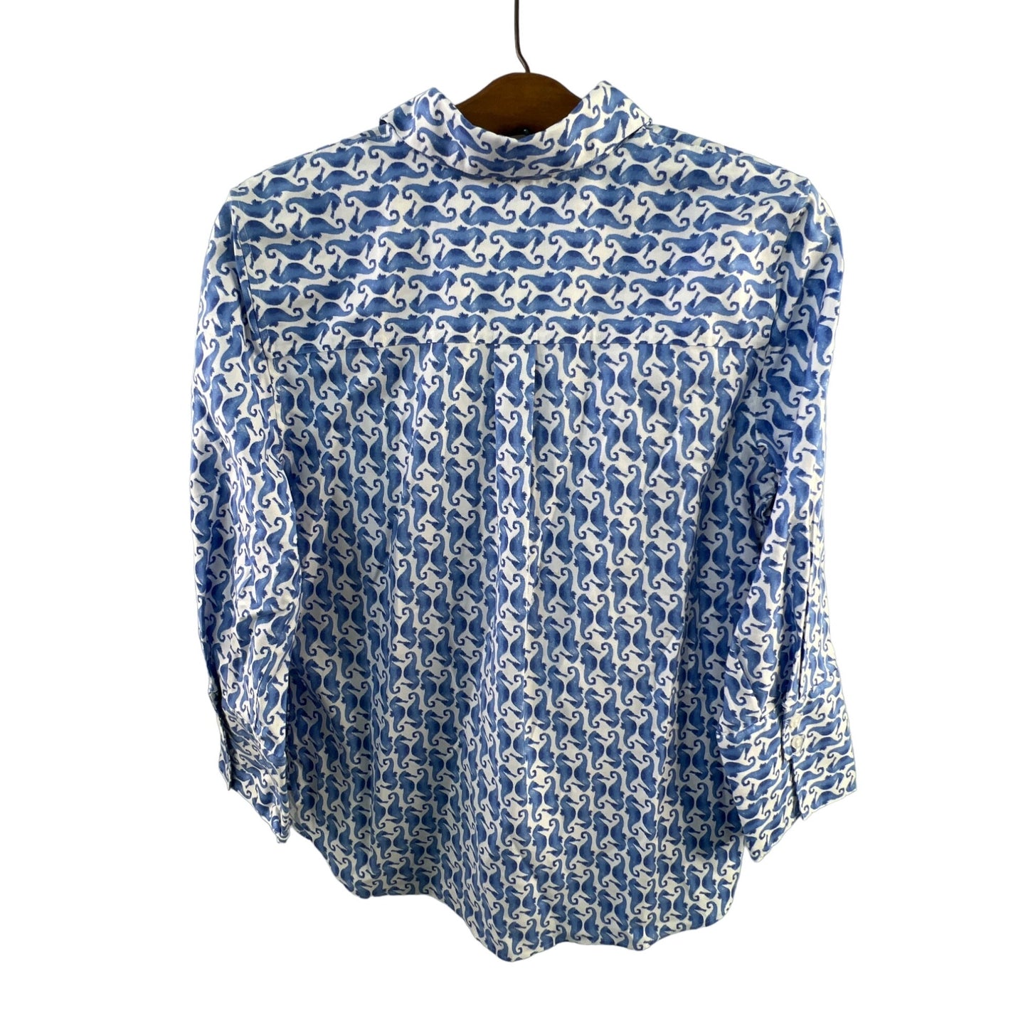 Chico's Seahorse Print Button Down Shirt Womens 4 No-Iron Chic Stretch Blue