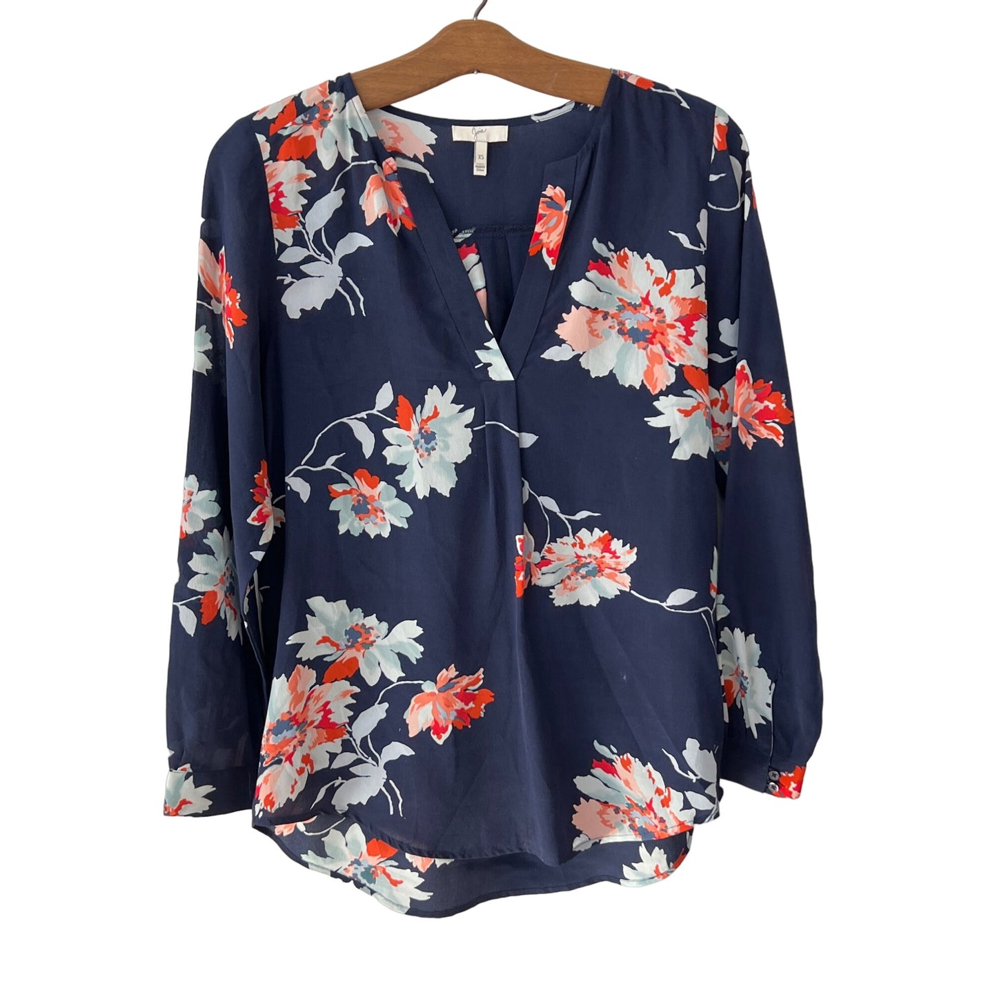 Joie Axcel Floral Long Sleeve Blouse Womens XS V-Neck Navy Silk Boho Hippie