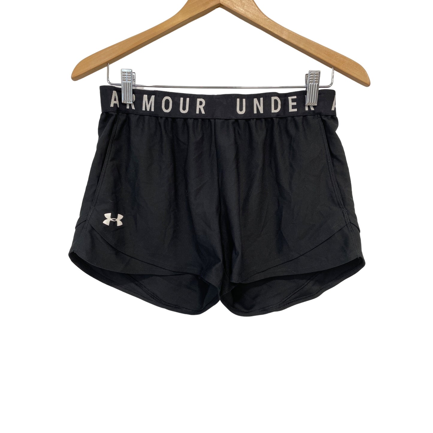 Under Armour Heatgear Play Up Shorts Womens M Black Mid Rise Pockets Soft Active